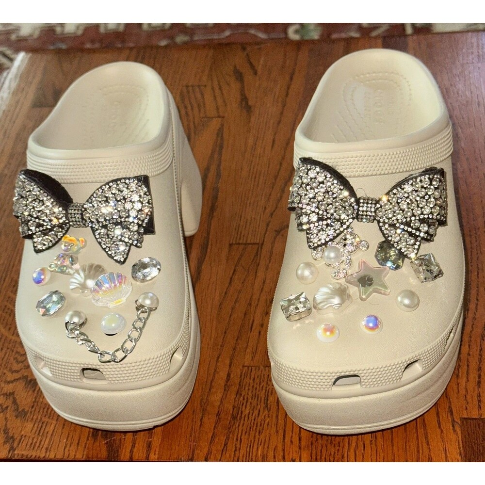 Crocs Siren embellished floral jibbitz Platform Clog In Bone W9 New - Picture 2 of 6